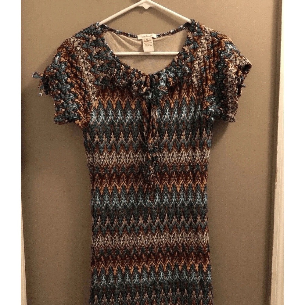 Sundance Dress Womens Size Small Knit Lace Up Tie Neck Multicolor Print Stretch